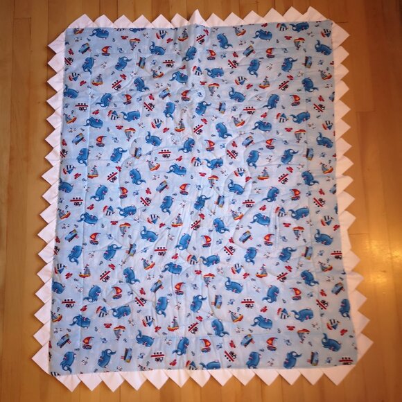 Homemade Kids 37"x 45" Quilt w/ Clouds, Boat & Whale in Blue w/ White Edging - Picture 2 of 4